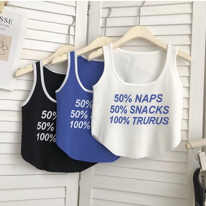 NUZIRO  Áo dệt kim  không tay dáng ôm in chữ phong cách Hàn Quốc dành cho nữ