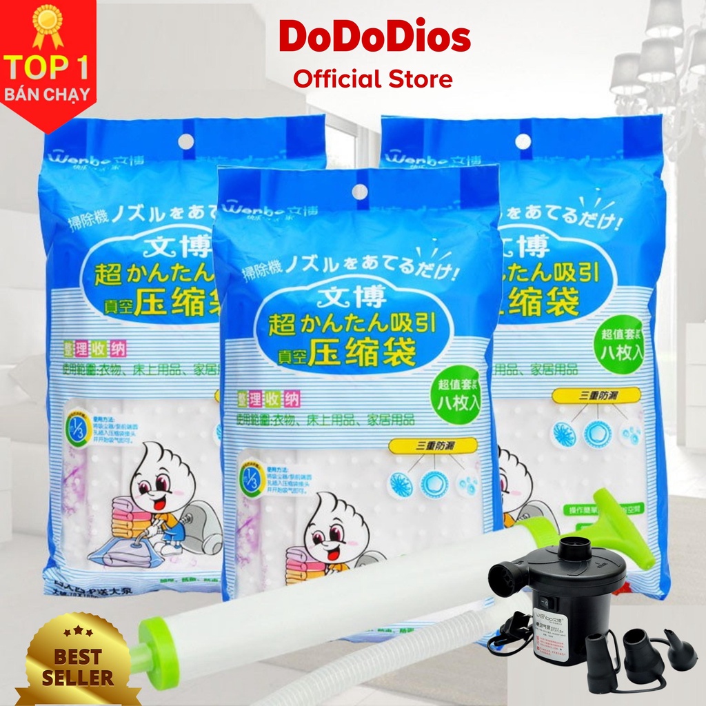 Bộ 8 túi hút chân không đựng chăn màn quần áo tặng kèm bơm tay cao cấp dododios