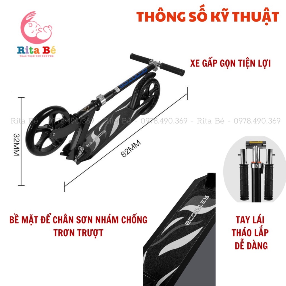 Xe scooter cỡ lớn, có phanh tay,chân chống chịu tải đến 150kg cho thiếu niên và người lớn