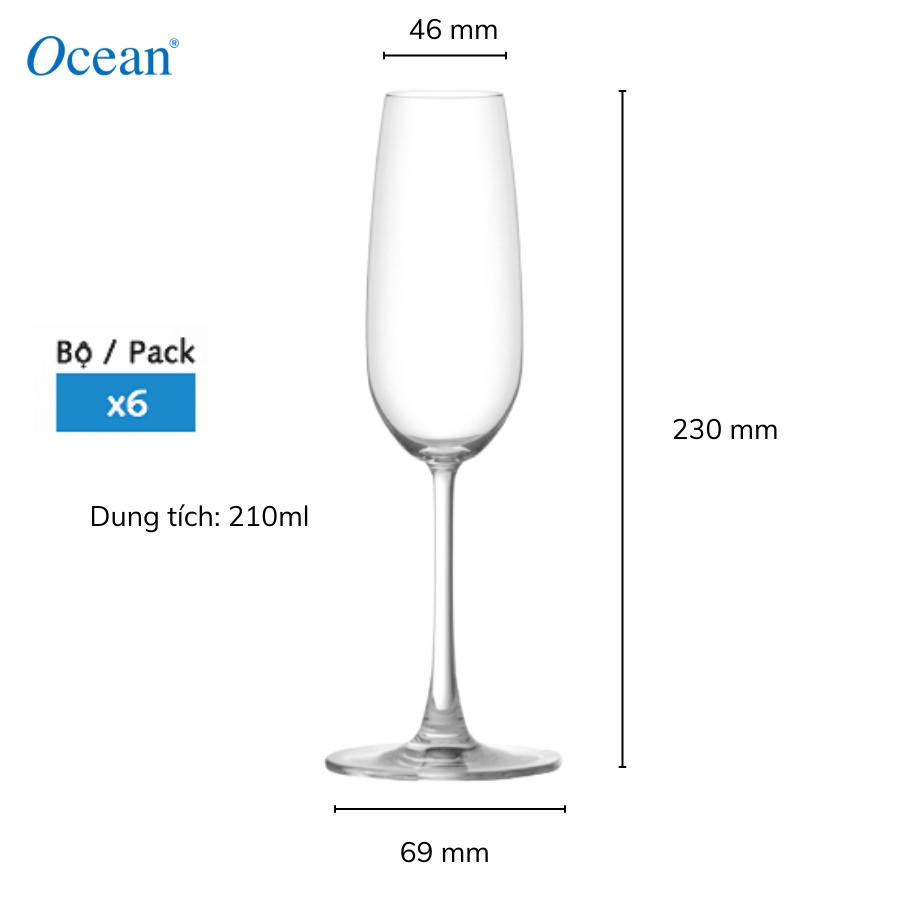 Bộ 6 ly rượu thủy tinh Ocean Madison Flute Champagne 210ml