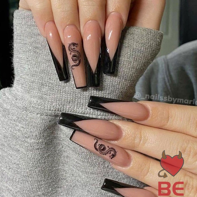 [Hàng mới về] Bộ 24 Móng Tay Giả Dạng Thạch Họa Tiết Rồng Độc Đáo Diy