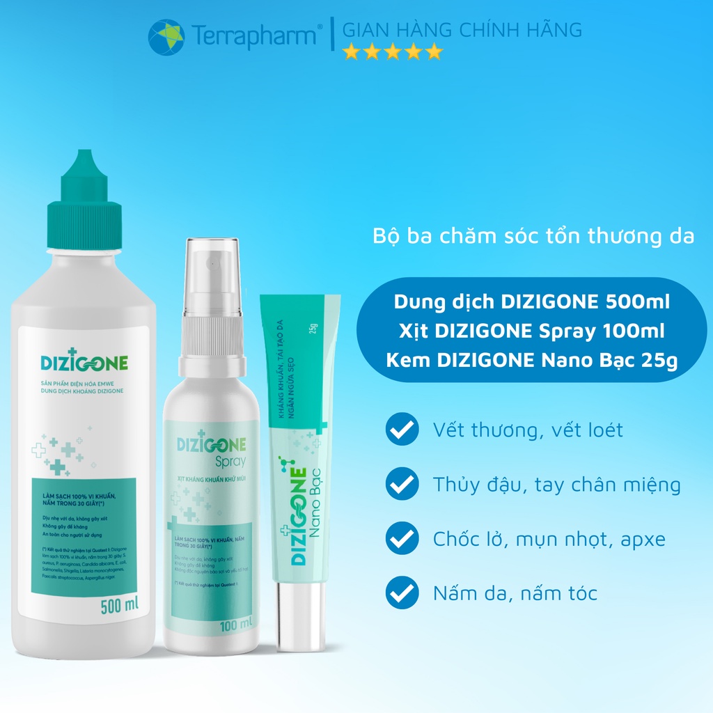 DIZIGONE 500ml + DIZIGONE Spray 100ml + Kem DIZIGONE Nano Bạc 25g kháng khuẩn, tái tạo da