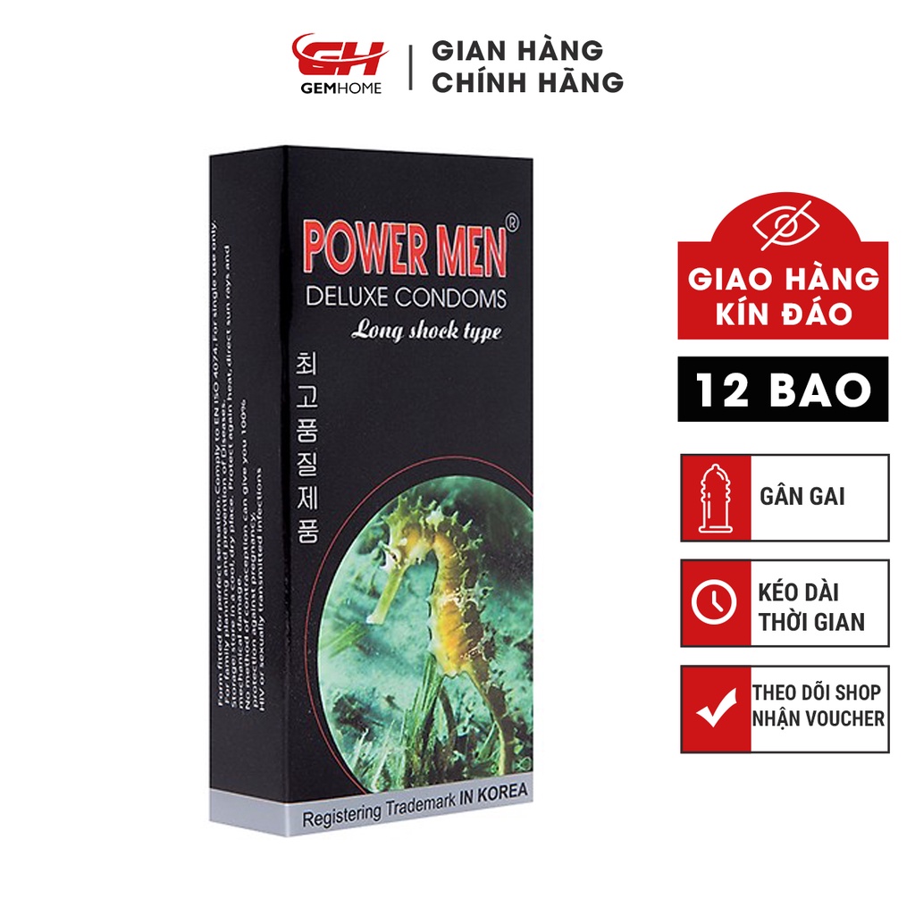 Bao cao su POWER MEN cá ngựa Gân Gai Tăng khoái cảm Kéo dài thời gian quan hệ hộp 12 bao GEMHOME