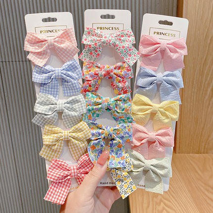 Set 5 kẹp tóc đính nơ họa tiết ca rô / hoa / chấm bi dễ thương dành cho nữ