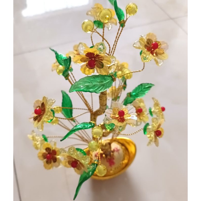 Cây cành vàng lá ngọc, cây hoa mai vàng tài lộc trưng bàn thờ ông địa Thần Tài kích hoạt may mắn tài lộc