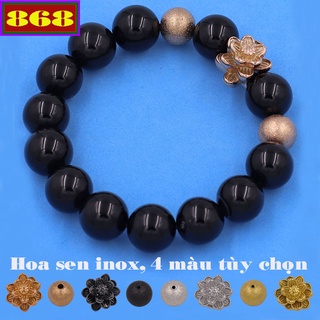 Vòng tay chuỗi hạt đá đen charm hoa sen 2 bi