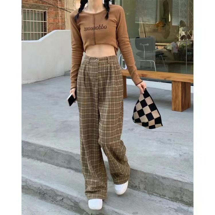 Quần Dài Lưng Cao Ống Rộng Họa Tiết Sọc Caro Phong Cách Retro Cho Nữ Sinh
