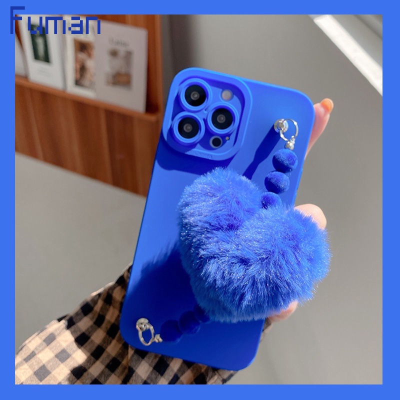 Ốp điện thoại TPU mềm gắn dây đeo và trái tim bóng lông thích hợp cho iPhone 13 12 11 Pro Max XR XS Max X 8 7 Plus SE