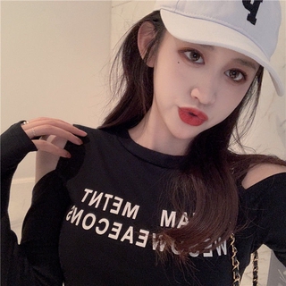 Áo Thun Tay Dài Trễ Vai Màu Đen Quyến Rũ Cho Nữ