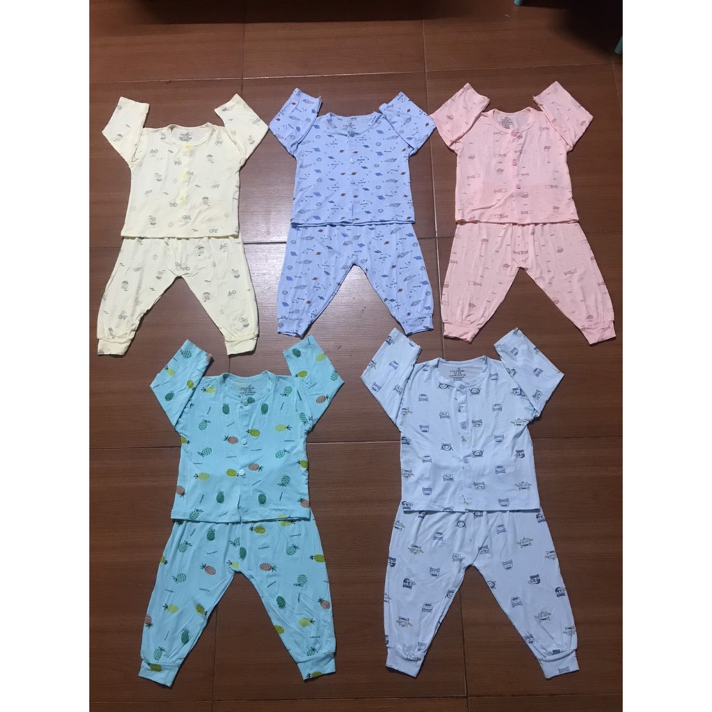 Bộ dài tay thun lạnh màu cài khuy giữa cho bé sơ sinh 0-18m (3-13kg)