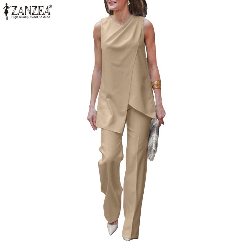 Bộ đồ ZANZEA gồm áo không tay viền bất đối xứng và quần dài ống rộng thời trang cho nữ