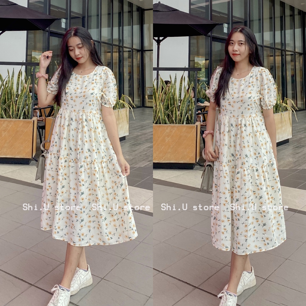 Váy hoa nhí babydoll tay bồng dáng dài 2 lớp chất voan mềm mịn đầm hoa xoè Ulzzang 2 Màu xinh xắn
