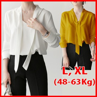 GOTI ÁO SƠ MI CÔNG SỞ NỮ MẶC ĐƯỢC 2 KIỂU,  KIỂU ÁO KIỂU NỮ CỔ V CỘT NƠ- ÁO SƠ MI NỮ BIGSIZE GOTI 3091