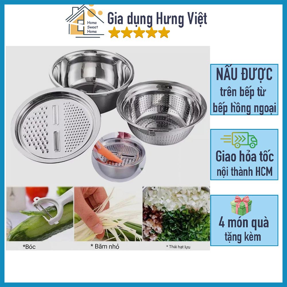 Bộ rổ và chậu inox kèm mâm nạo, bào và gọt vỏ rau, củ, quả 3 trong 1 (3 in 1, 3 chi tiết) đa năng, tiện dụng, tiết kiệm