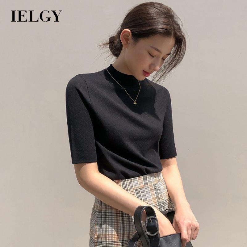 Áo thun IELGY dệt kim tay ngắn cổ cao dáng ôm thời trang cho nữ