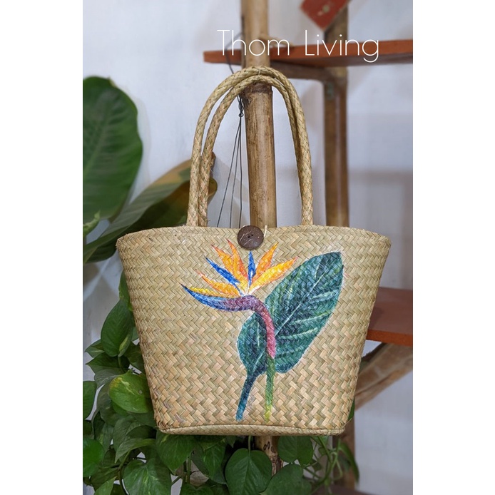 Giỏ xách cỏ bàng dáng oval size trung vẽ hoa sen