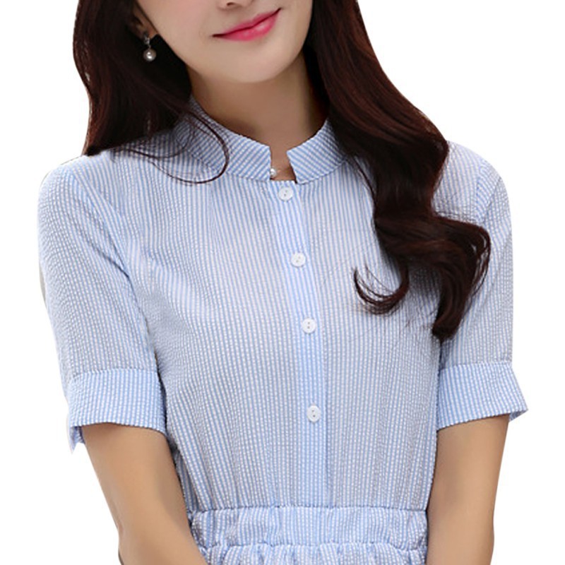Đầm sơ mi sọc tay ngắn phối nút thời trang cho nữ | BigBuy360 - bigbuy360.vn