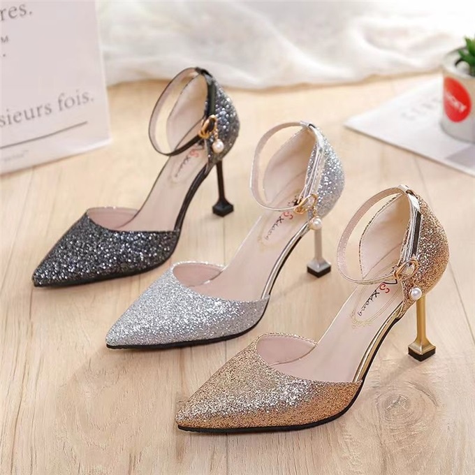 Giày Cao Gót Mũi Nhọn Đính Sequin Ngọc Trai Phối Khóa Gài Thời Trang Mùa Hè Hàng Mới 2022 Cho NữÔ Hơn 50cm Chỉ Có Thể Chọn Giao Hàng Tại Nhà)