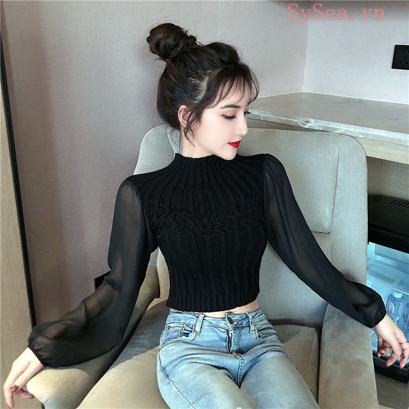 Women's White long Sleeve Croptop Sexy Knit Shirt