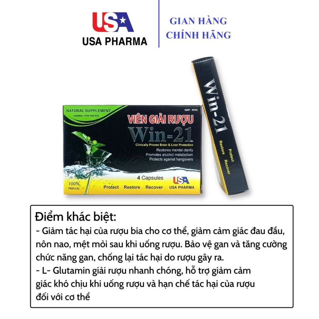 Viên giải rượu Win-21 USA hộp 4V, Uống 2 viên chống say trước khi uống rượu bia, Giúp giải rượu nhanh chóng giải độc gan