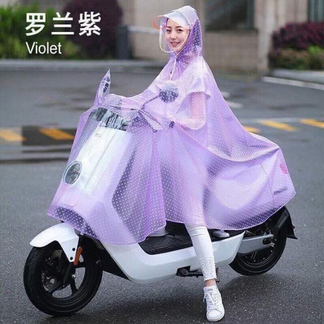 Áo mưa chấm bi 2 đầu hàng to, đẹp có kính che mặt người ngồi trước