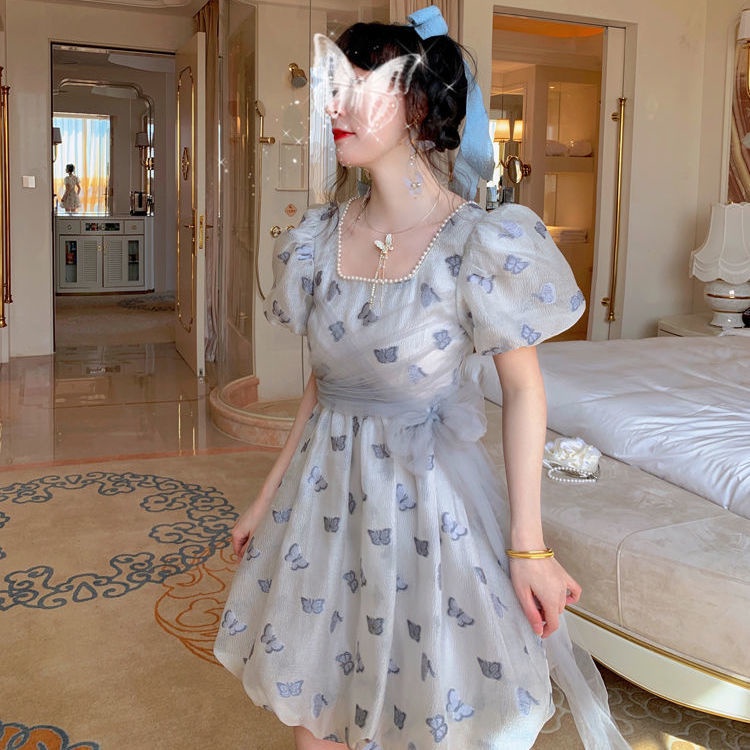 Đầm Công Chúa Tay Phồng Cổ Vuông Phối Lưới Đính Ngọc Trai Và Nơ Thời Trang Mùa Hè Phong Cách Pháp Mới Cho Nữ