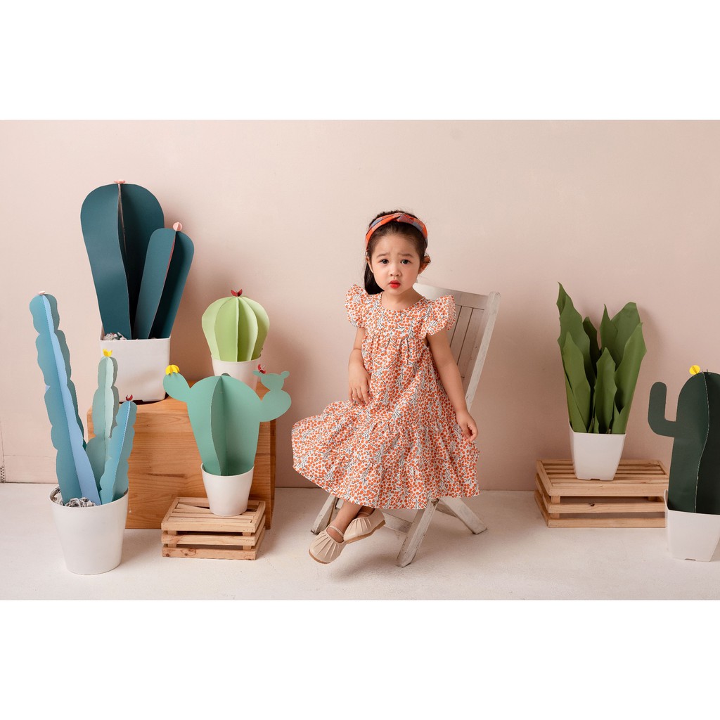 [LITTLE PINK] VALERIA DRESS - Váy bé gái thô chấm bi cam