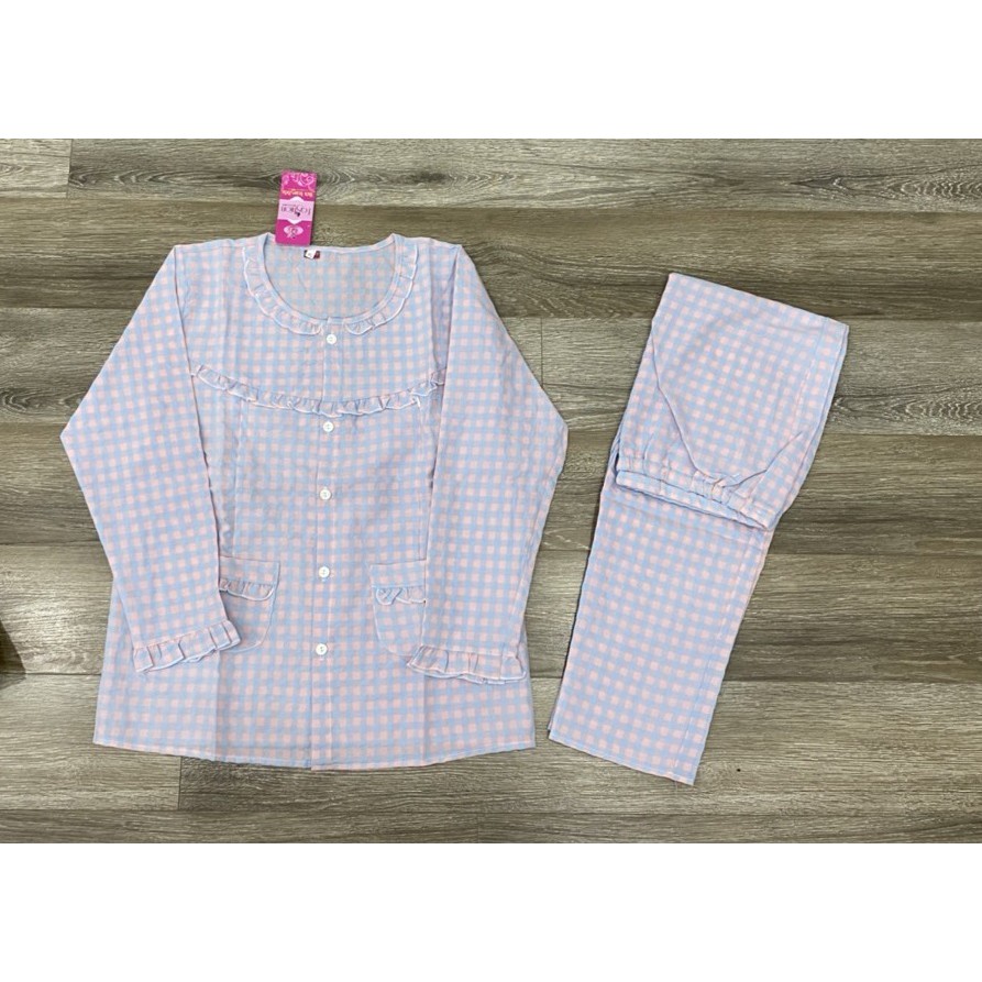 Bộ dài bầu sau sinh thô kẻ cúc giữa free size 45-55kg