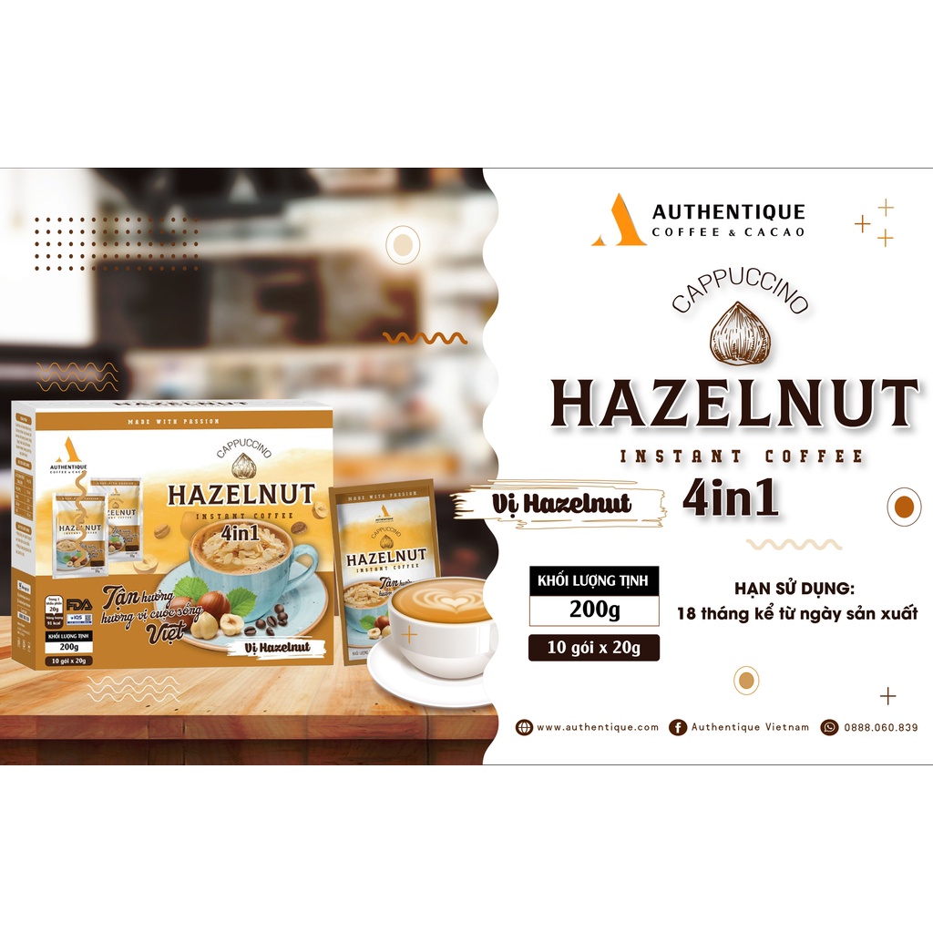 Cà phê hòa tan vị Hazelnut (20G x 10Gói) - Cappuccino Hazelnut | Authentique Coffee
