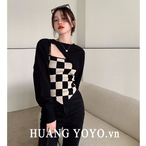 HUANG YOYO Set áo dây + áo khoác cardigan thời trang nữ tính