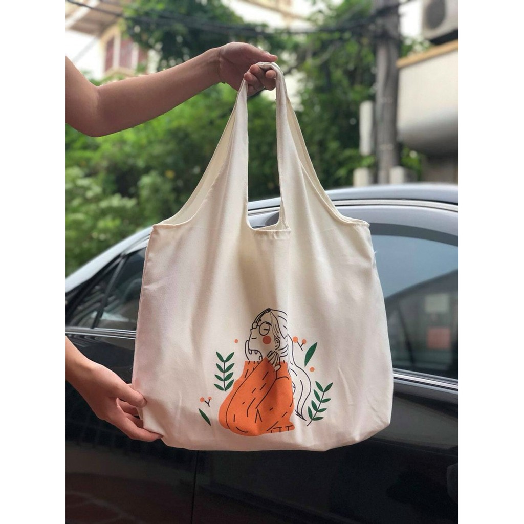 (Freeship từ 50k)Túi tote phong cách Hàn Quốc in hình cô gái áo cam
