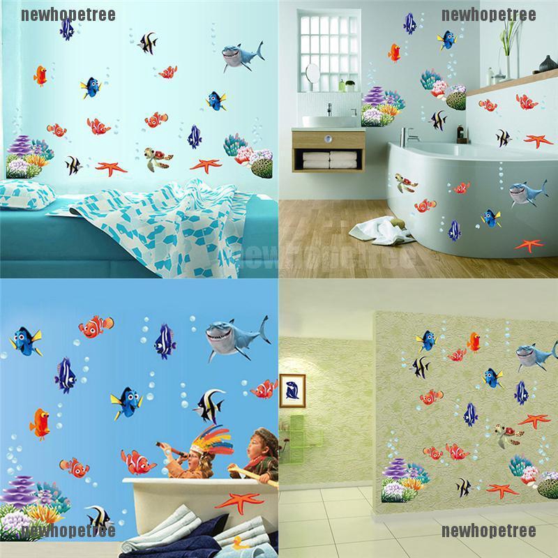 Nhãn dán tường họa tiết cá biển phong cách hoạt hình đáng yêu trang trí phòng tắm