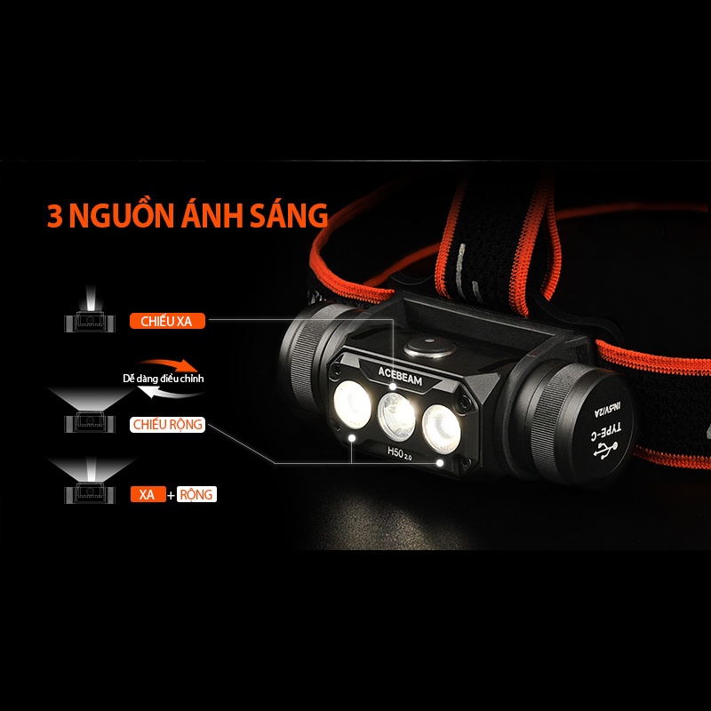 Đèn pin đội đầu ACEBEAM H50 V2.0 sáng 2000 lumen chiếu xa 141 mét LED Luminus SST-20 sạc USB C kèm pin