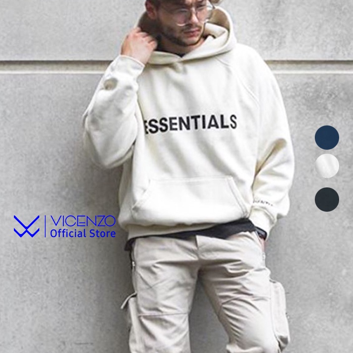 Áo Hoodie Nam Nỉ Cotton Dầy Dặn Không Xù In Chữ Essentials Xốp Vicenzo