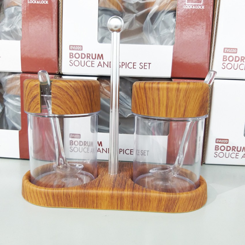 Bộ 2 Hũ Gia Vị Để Bàn Thủy Tinh Nắp Nhựa Vân Gỗ EVL019
