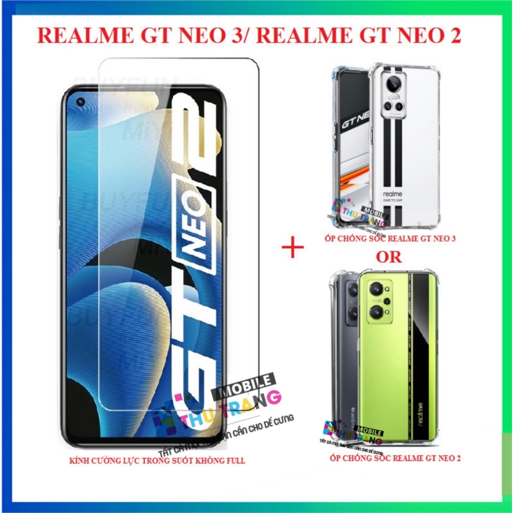 Combo Realme GT Neo 5/ GT Neo 3/ GT Neo 3T/ GT Neo 2 kính cường lực trong suốt không full + Ốp dẻo chống sốc trong suốt