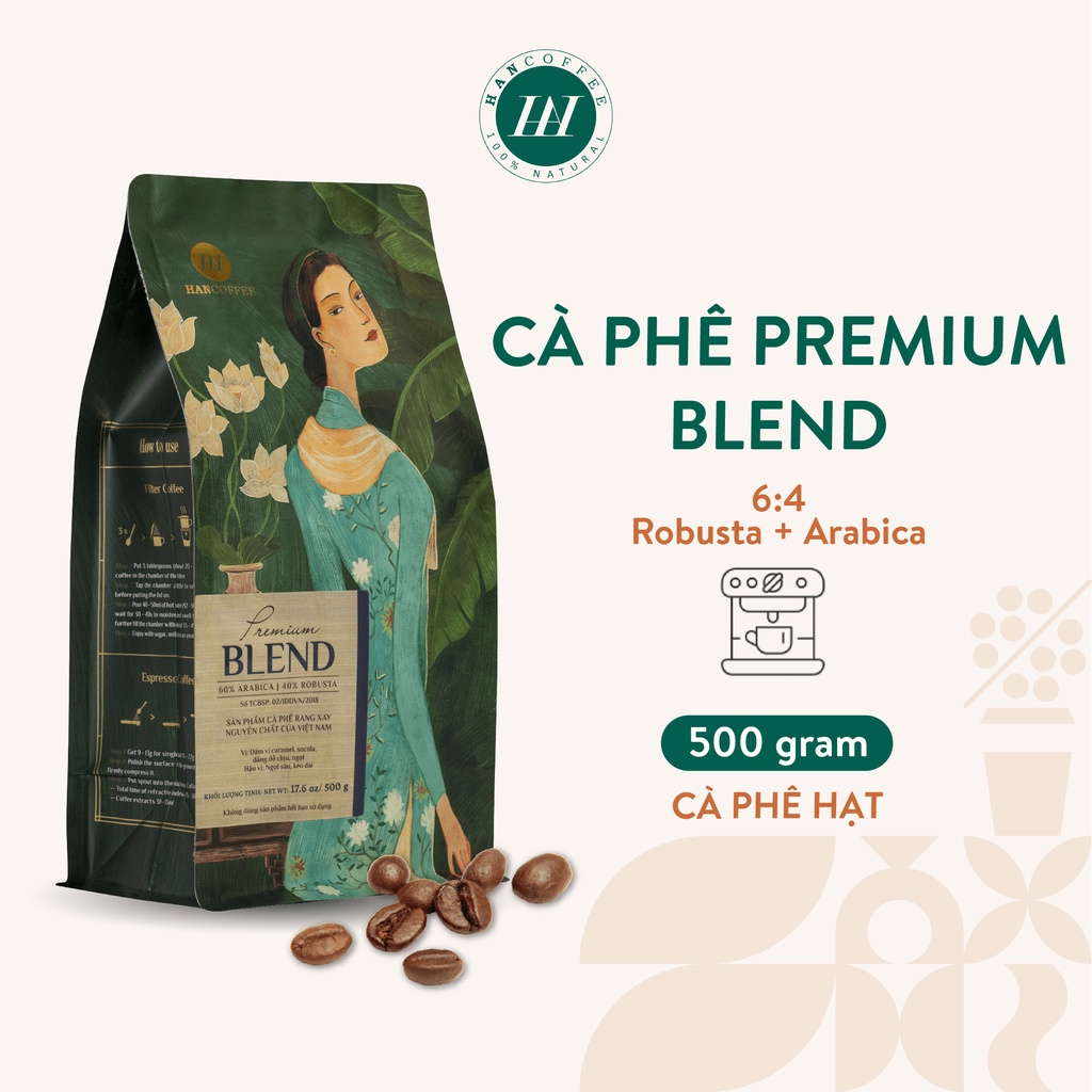 Cà Phê Pha Máy Espresso Rang Mộc, Cà Phê Nguyên Chất HANCOFFEE Premium Blend Đậm, Đắng Dễ Chịu Túi 500g - HN60A40RH