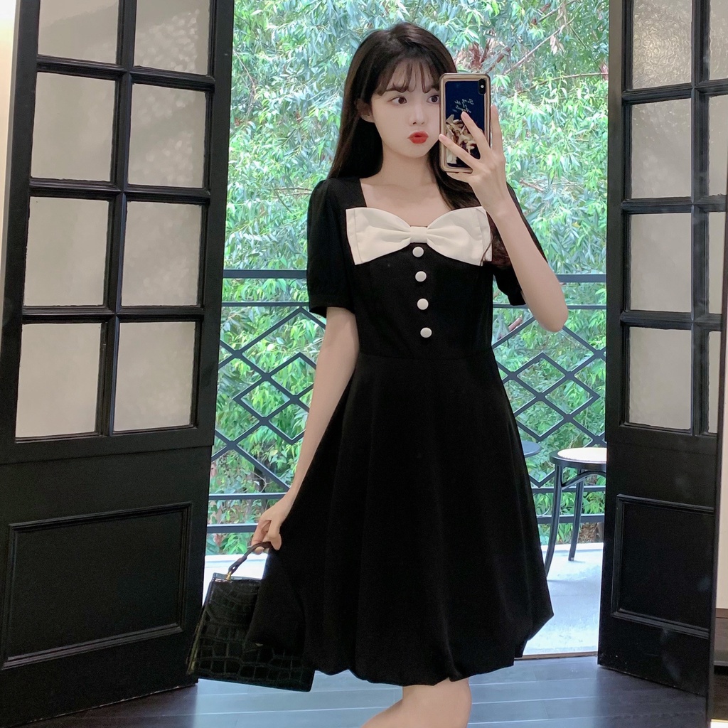 Đầm Perty dáng ôm đính nơ phong cách retro Hàn Quốc dành cho nữ