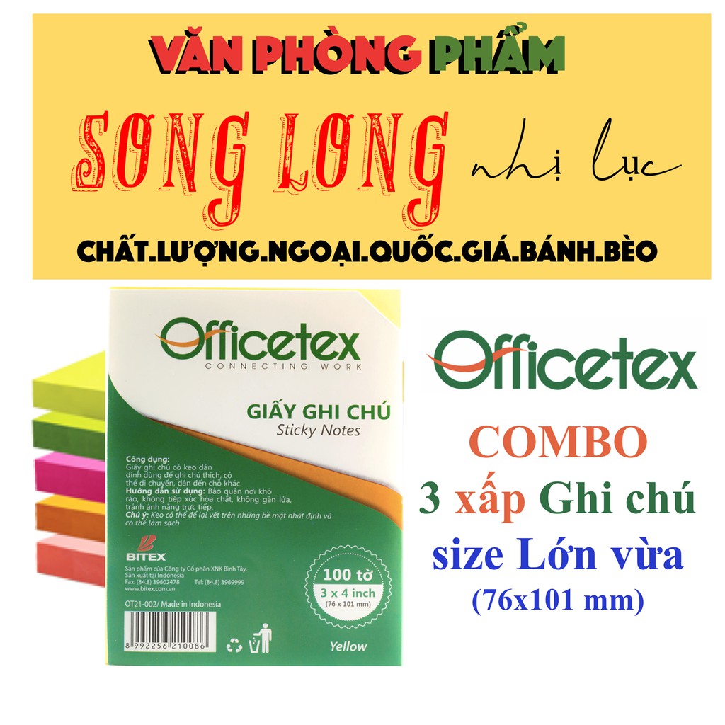 COMBO 3 xấp Giấy Ghi Chú size Lớn vừa 3x4 inch (76x101 mm), nhiều màu sắc nổi bật - 100 tờ/xấp - Giấy Note VPP Officetex