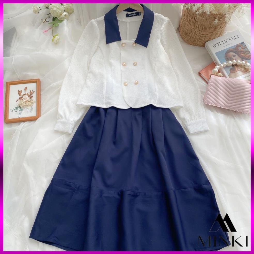 [HÀNG THIẾT KẾ] SET SƠ MI CÚC CHÂN VÁY XANH THAN CỔ ĐIỂN - CHẤT LIỆU CAO CẤP - PHỐI MÀU TRẮNG VÀ XANH ĐEN | BigBuy360 - bigbuy360.vn