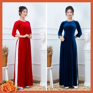 Áo dài nhung truyền thống cổ đính ngọc, áo dài nhung sang trọng