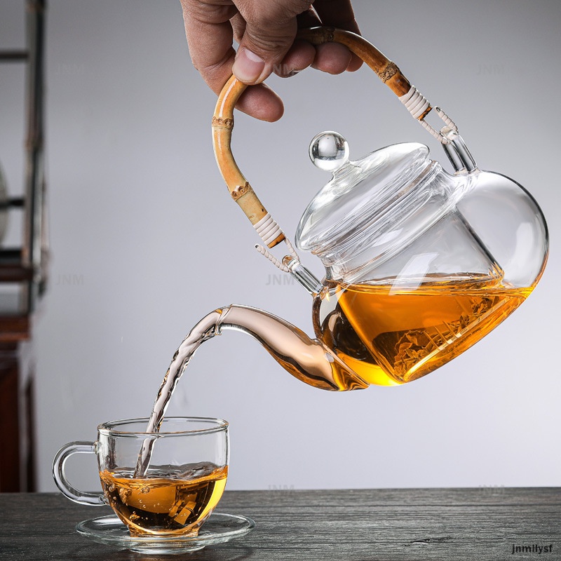 Bình trà thủy tinh trong suốt chịu nhiệt 600ml có tay cầm tre