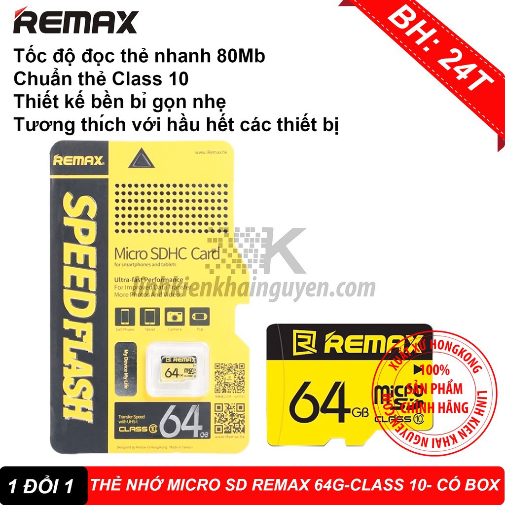 THẺ NHỚ MICRO SD REMAX 64G - CLASS 10 - CÓ BOX - HÃNG PHÂN PHỐI CHÍNH THỨC