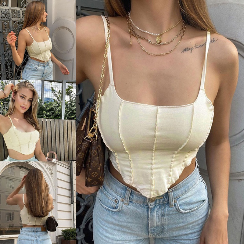 Áo Croptop Hai Dây Hở Lưng Cổ Vuông Họa Tiết Kẻ Sọc Phong Cách Quyến Rũ