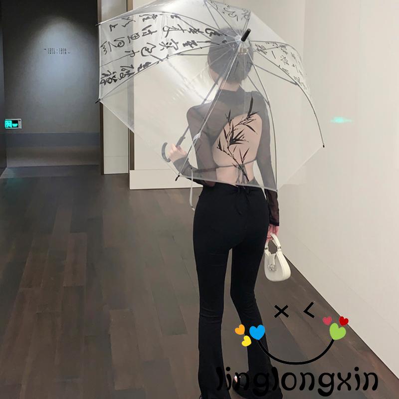 Áo Thun Crop Top Phối Lưới Màu Trơn Tay Dài Hở Lưng Thời Trang Đường Phố Cho Nữ Linglongxi2