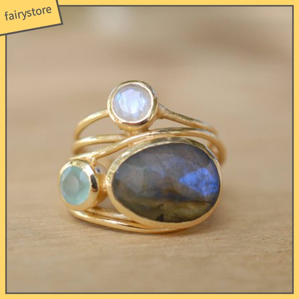 Nhẫn Đính Đá Mặt Trăng Nhân Tạo Nhiều Lớp Phong Cách Cổ Điển