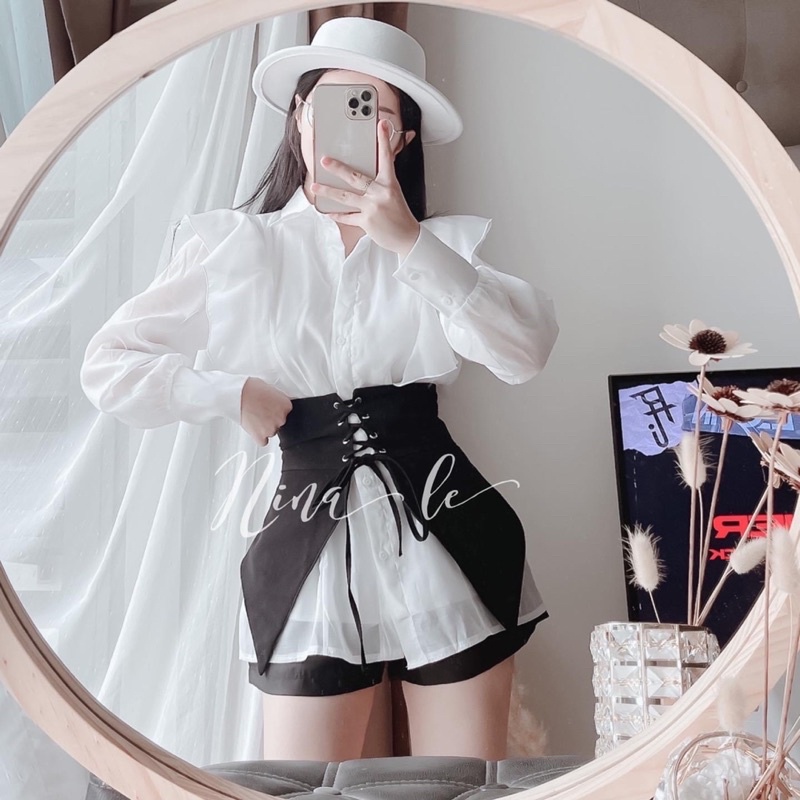 Set sơ mi tơ hàn 3 món có lót kèm áo đan oze quần short
