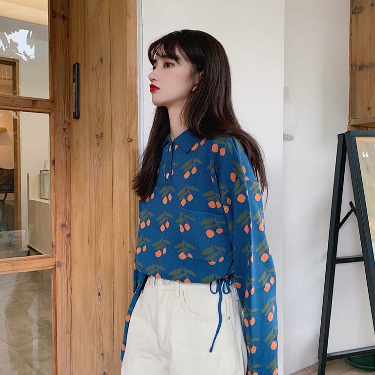 Áo khoác len dây rút in họa tiết cherry dễ thương phong cách retro Nhật Bản thời trang mùa thu tùy chọn màu sắc