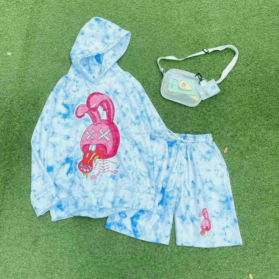 Sét Bộ Hoodies Nữ 2 Món Áo Có Nón Kết Hợp Quần Đùi Chất Nỉ Loang Màu In Pokemon Form Rộng Siêu Hót NEW UNISEX