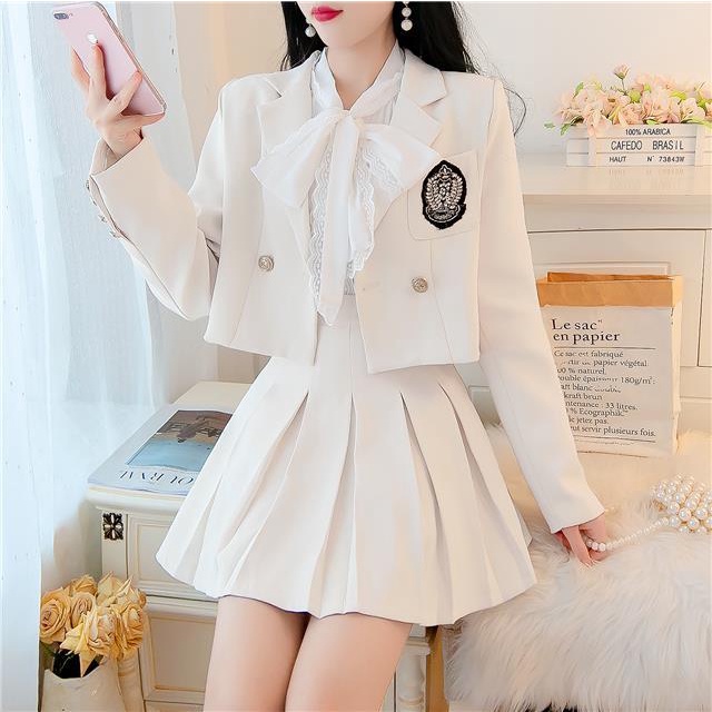 Bộ Áo Khoác Vest + Chân Váy Xếp Ly Dáng Dài Thời Trang Xuân Thu Xinh Xắn Cho Nữ